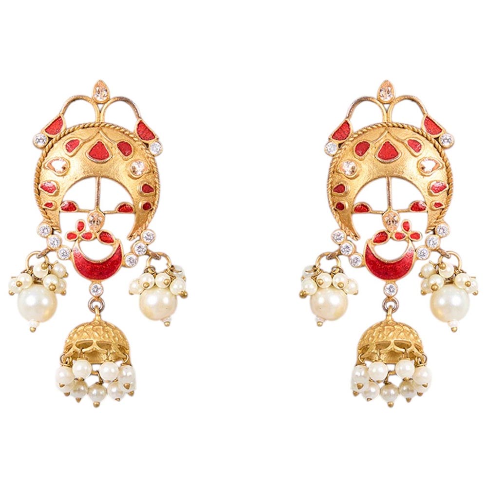 Auraa Trends Gold-Plated Red Enamel Pearl Jhumka Earrings