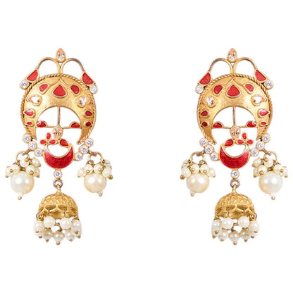 Auraa Trends Gold-Plated Red Enamel Pearl Jhumka Earrings