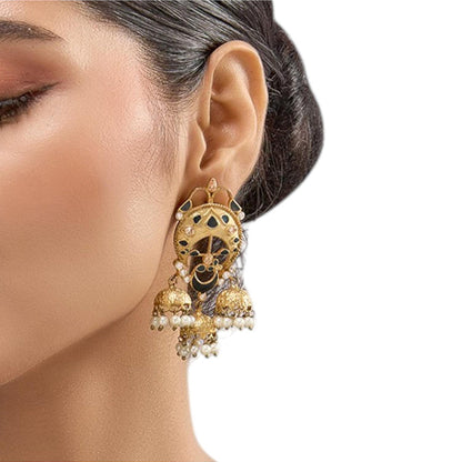 Auraa Trends Gold-Plated Black Enamel Pearl Jhumka Earrings