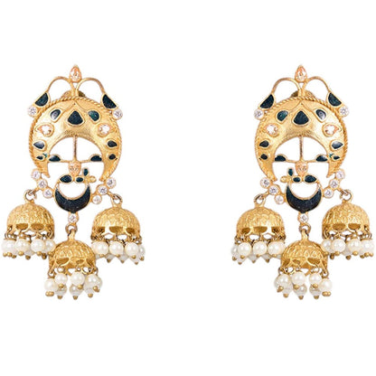 Auraa Trends Gold-Plated Black Enamel Pearl Jhumka Earrings