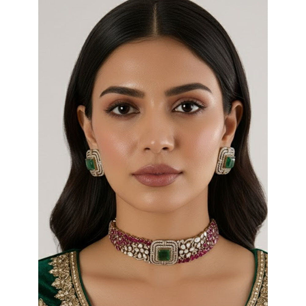 Auraa Trends Gold Finish Zircon and Ruby Stone Jewellery Set