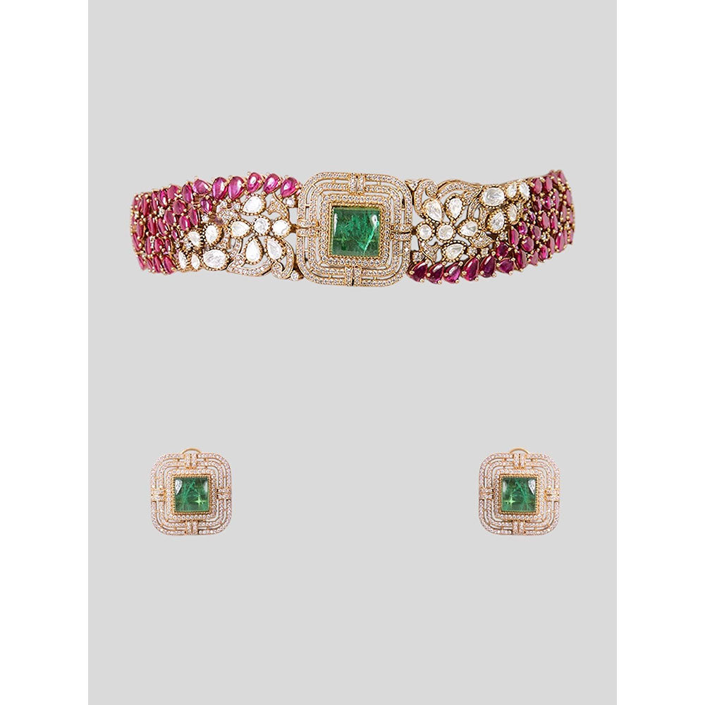 Auraa Trends Gold Finish Zircon and Ruby Stone Jewellery Set