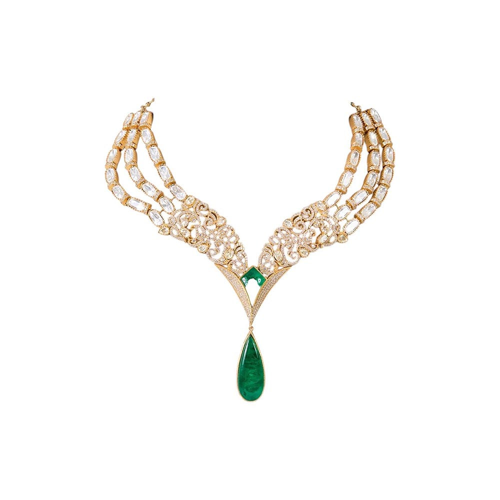 Auraa Trends Elegant Green Stone and Kundan Jewellery Set