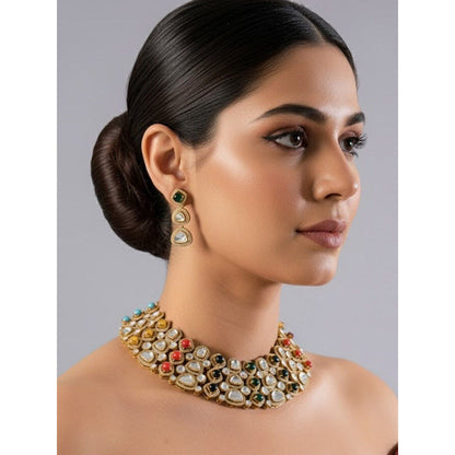 Auraa Trends Gold Finish Kundan Polka and Navratna Stone Jewellery Set