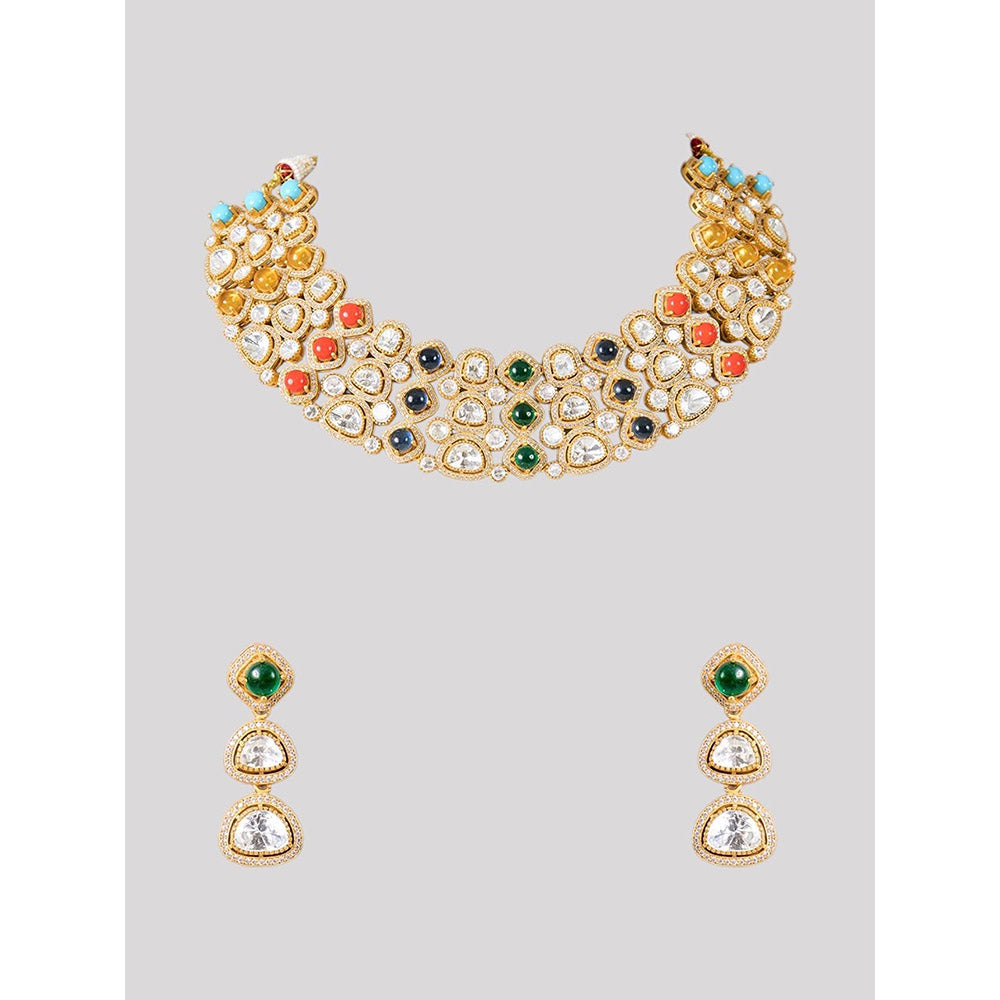 Auraa Trends Gold Finish Kundan Polka and Navratna Stone Jewellery Set