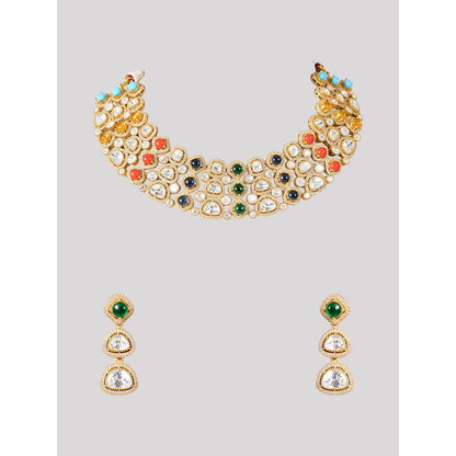 Auraa Trends Gold Finish Kundan Polka and Navratna Stone Jewellery Set
