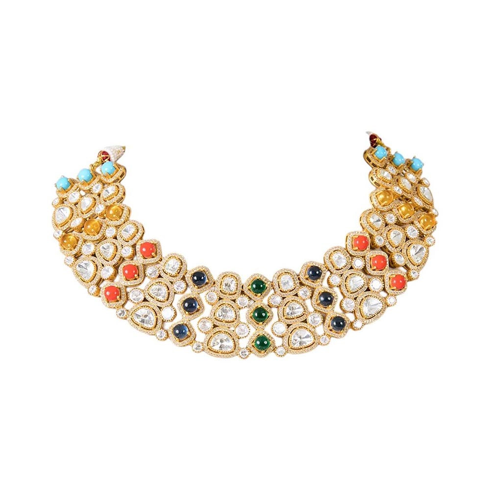 Auraa Trends Gold Finish Kundan Polka and Navratna Stone Jewellery Set