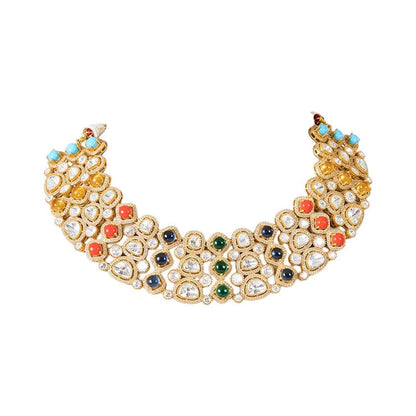 Auraa Trends Gold Finish Kundan Polka and Navratna Stone Jewellery Set