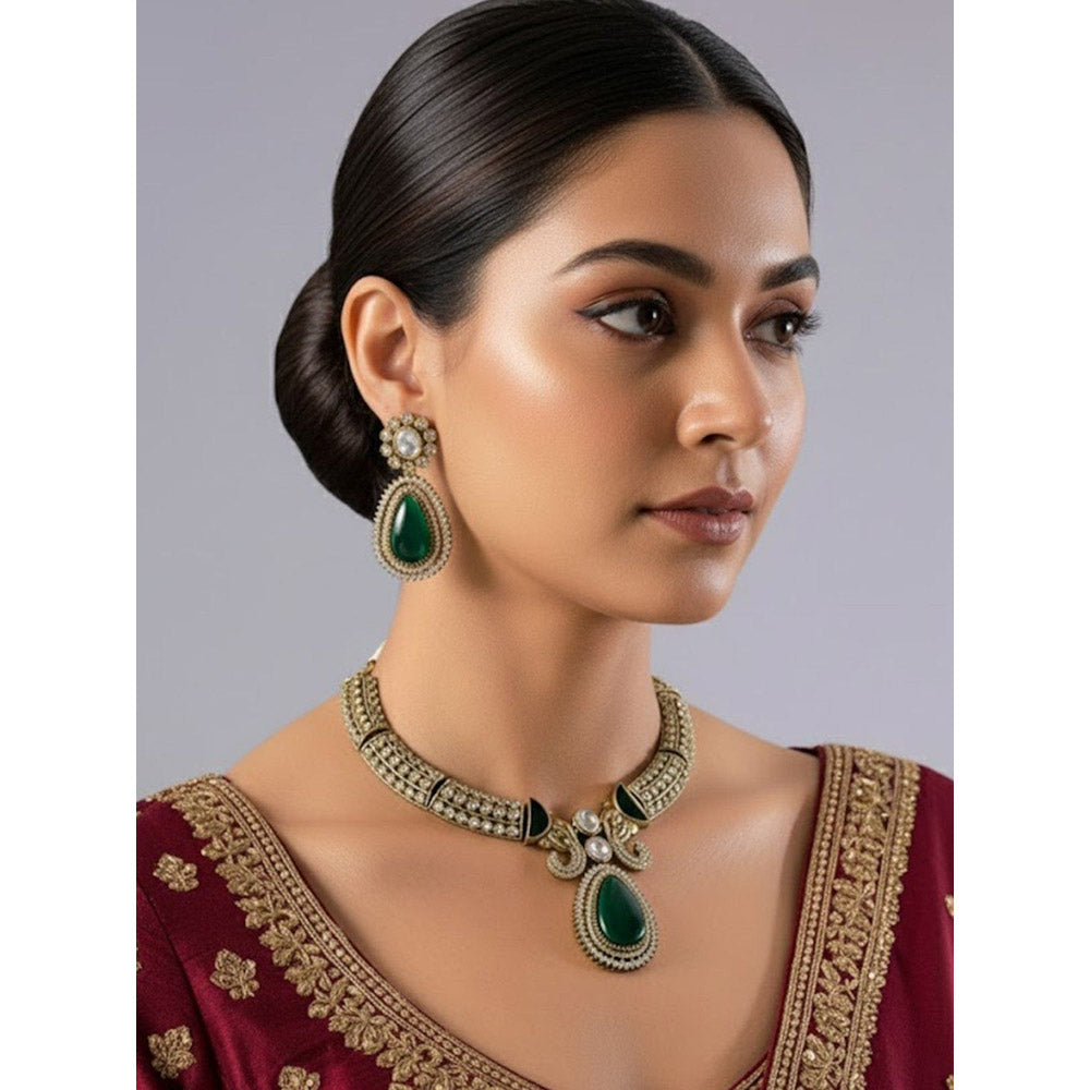 Auraa Trends Two-Tone Finish Kundan Polka and Green Stone Jewellery Set