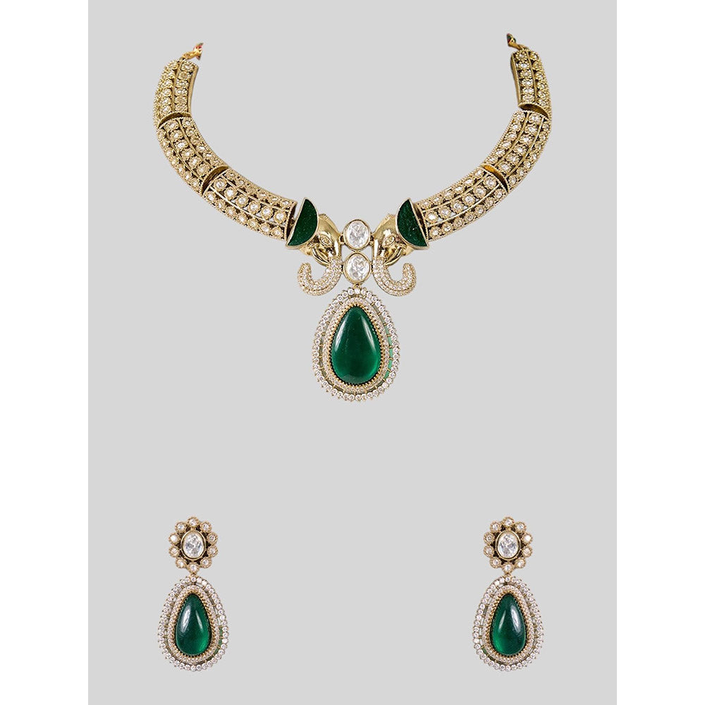 Auraa Trends Two-Tone Finish Kundan Polka and Green Stone Jewellery Set