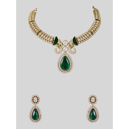 Auraa Trends Two-Tone Finish Kundan Polka and Green Stone Jewellery Set