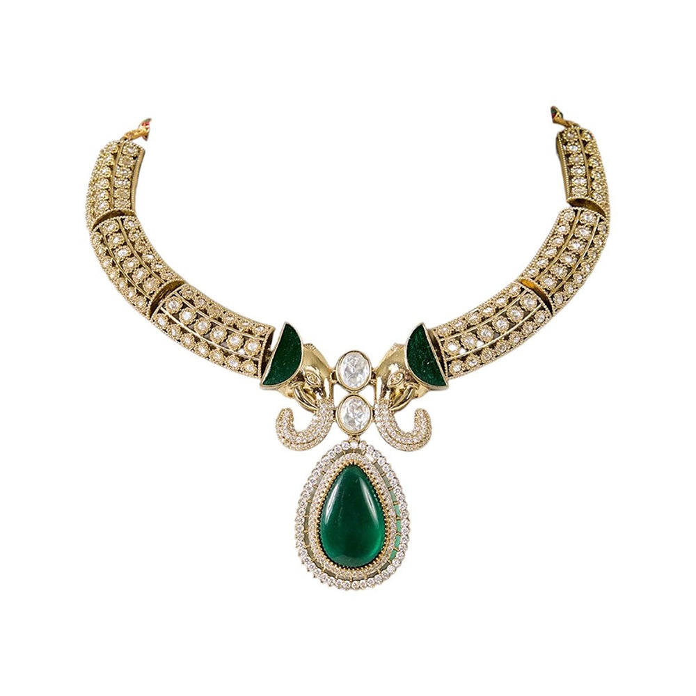 Auraa Trends Two-Tone Finish Kundan Polka and Green Stone Jewellery Set