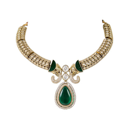 Auraa Trends Two-Tone Finish Kundan Polka and Green Stone Jewellery Set