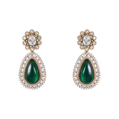 Auraa Trends Two-Tone Finish Kundan Polka and Green Stone Jewellery Set
