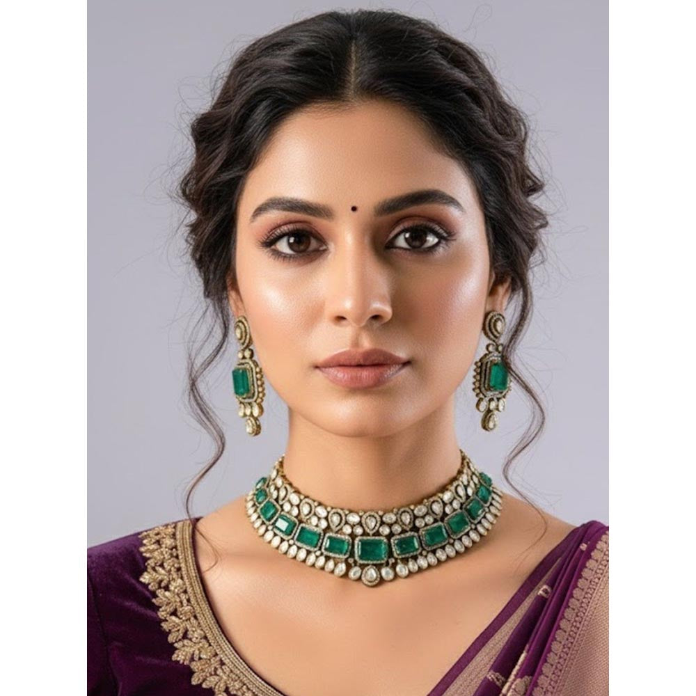 Auraa Trends Gold Finish Kundan Polka and Green Onyx Jewellery Set