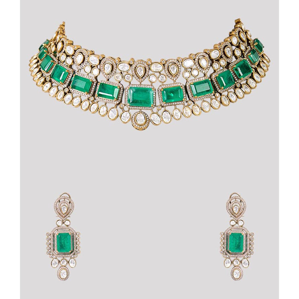 Auraa Trends Gold Finish Kundan Polka and Green Onyx Jewellery Set