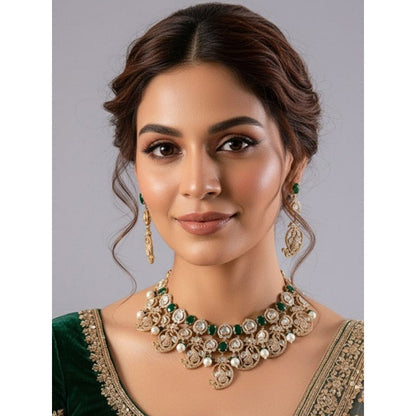 Auraa Trends Gold Finish Kundan Polka and Green Stone Jewellery Set