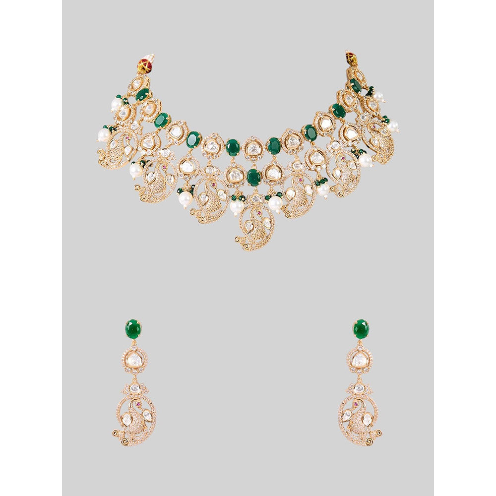 Auraa Trends Gold Finish Kundan Polka and Green Stone Jewellery Set
