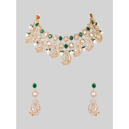 Auraa Trends Gold Finish Kundan Polka and Green Stone Jewellery Set