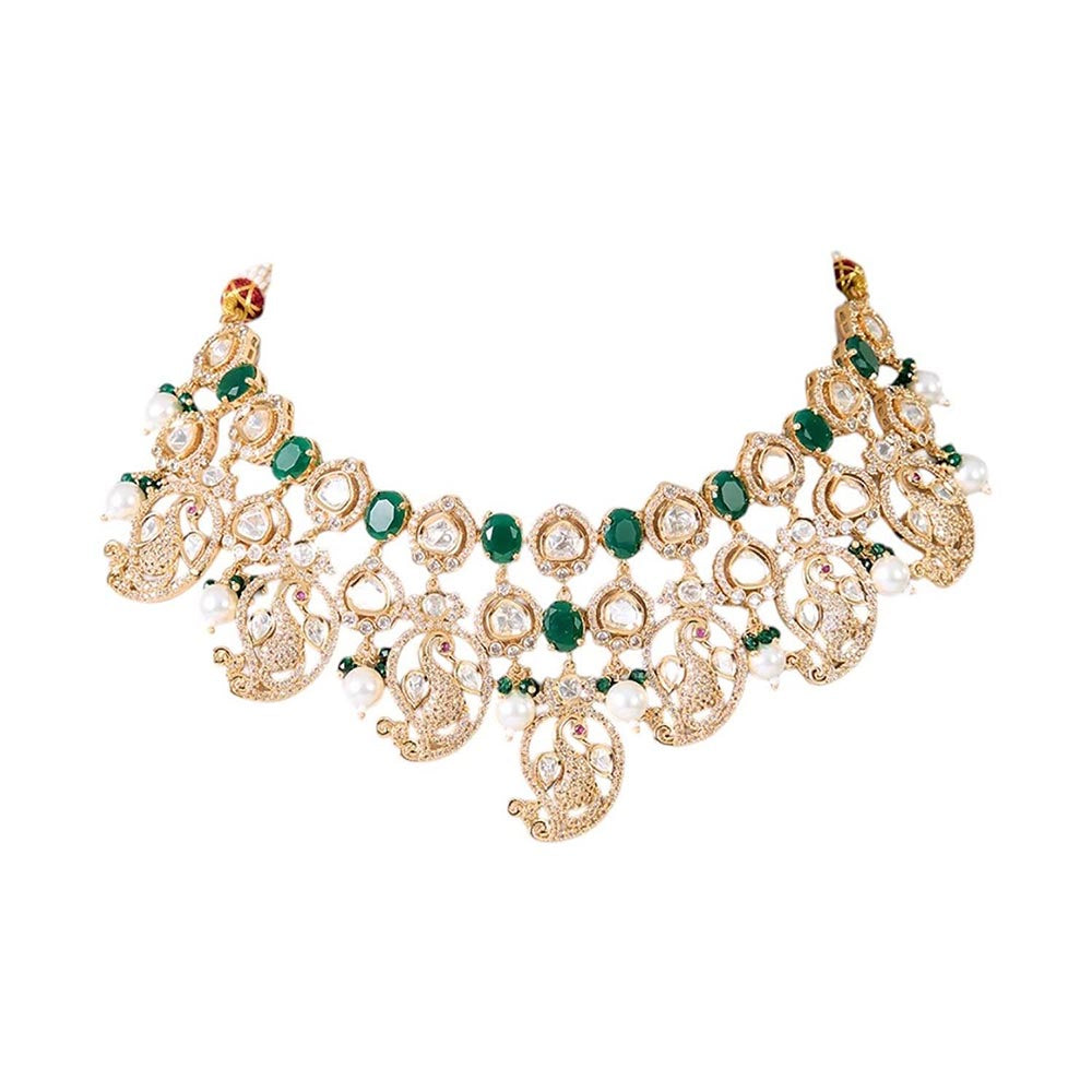 Auraa Trends Gold Finish Kundan Polka and Green Stone Jewellery Set