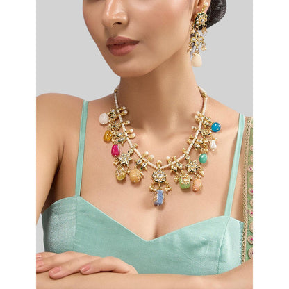 Auraa Trends Gold Finish Kundan Polka and Multi-Coloured Stone Jewellery Set