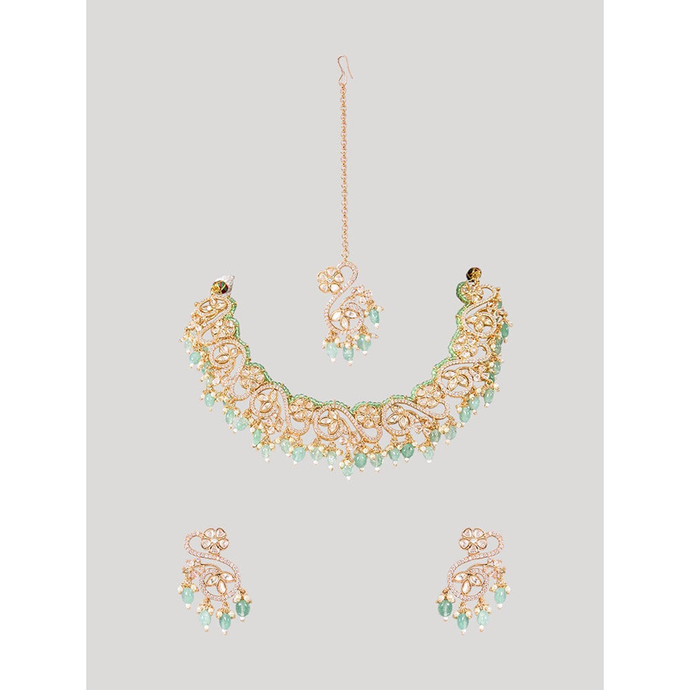 Auraa Trends Gold Finish Kundan Polka and Green Onyx Jewellery Set