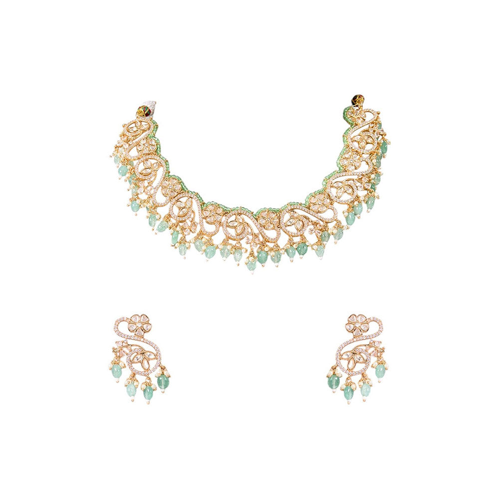 Auraa Trends Gold Finish Kundan Polka and Green Onyx Jewellery Set