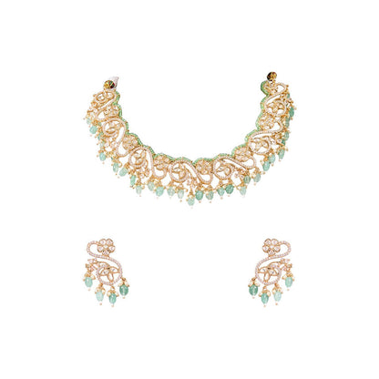 Auraa Trends Gold Finish Kundan Polka and Green Onyx Jewellery Set