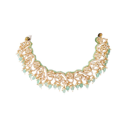 Auraa Trends Gold Finish Kundan Polka and Green Onyx Jewellery Set