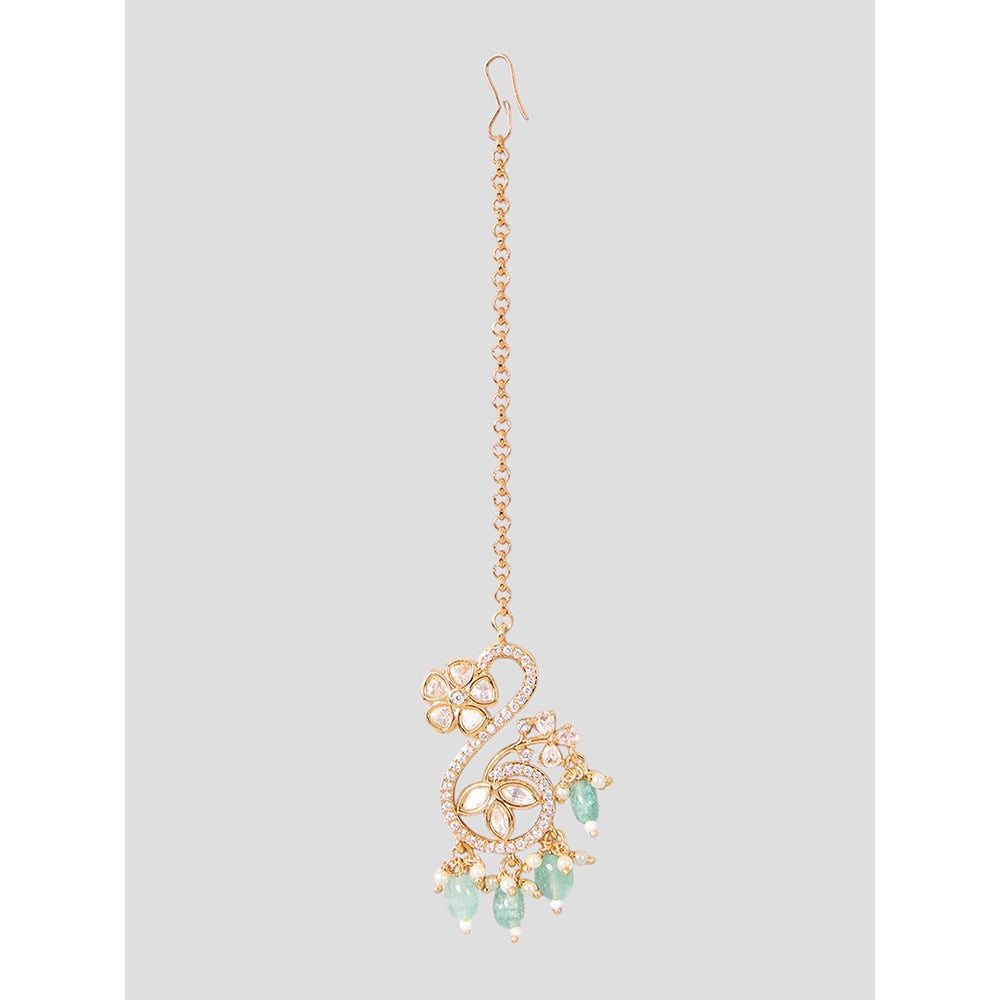 Auraa Trends Gold Finish Kundan Polka and Green Onyx Jewellery Set