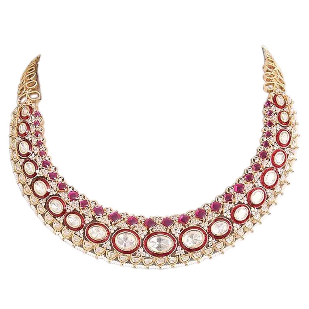 Auraa Trends Gold Finish Kundan Polka and Ruby Stone Choker Jewellery Set