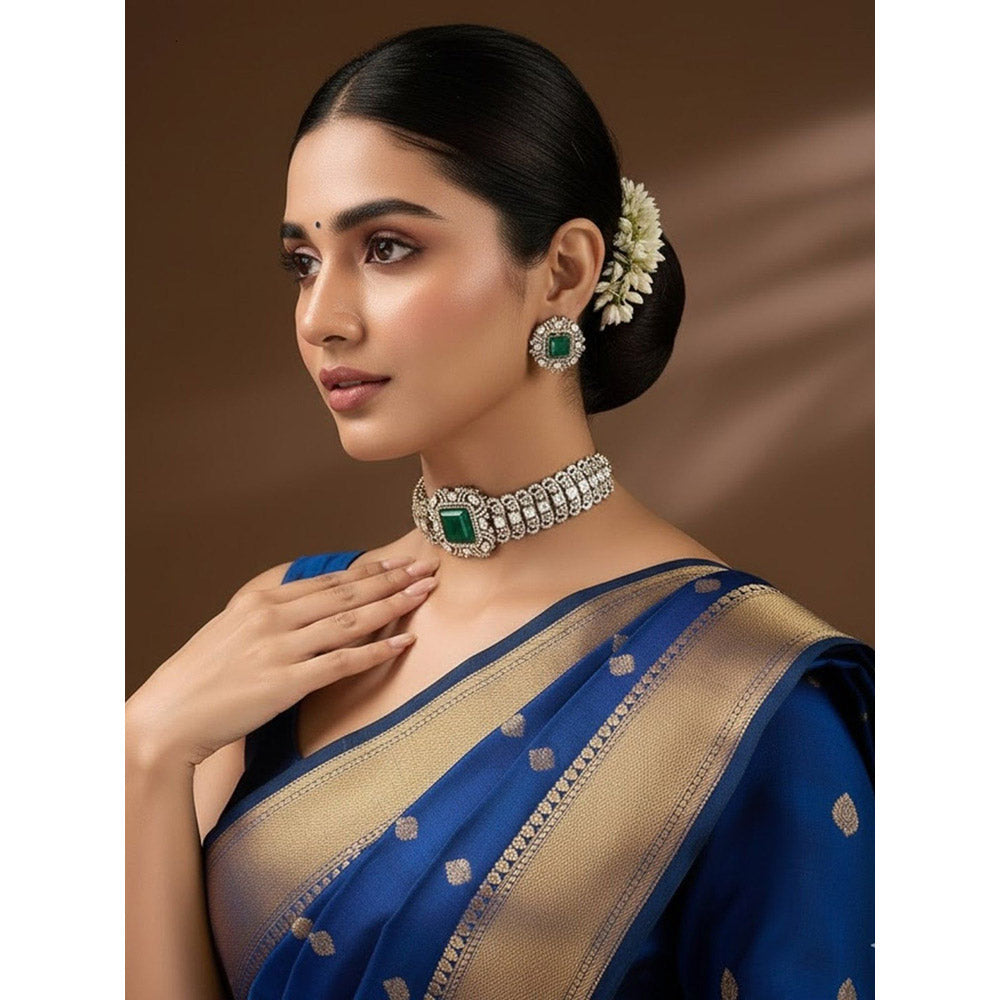 Auraa Trends Gold Finish Kundan Polka and Emerald Green Stone Choker Jewellery Set