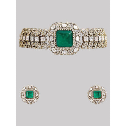 Auraa Trends Gold Finish Kundan Polka and Emerald Green Stone Choker Jewellery Set