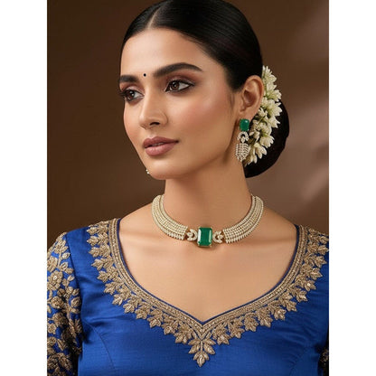 Auraa Trends Gold Finish Kundan Polka and Green Stone Choker Jewellery Set