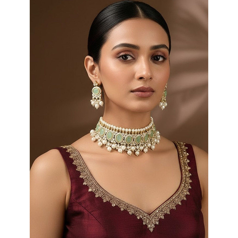 Auraa Trends Gold Finish Kundan Polka and Aqua Stone Choker Jewellery Set