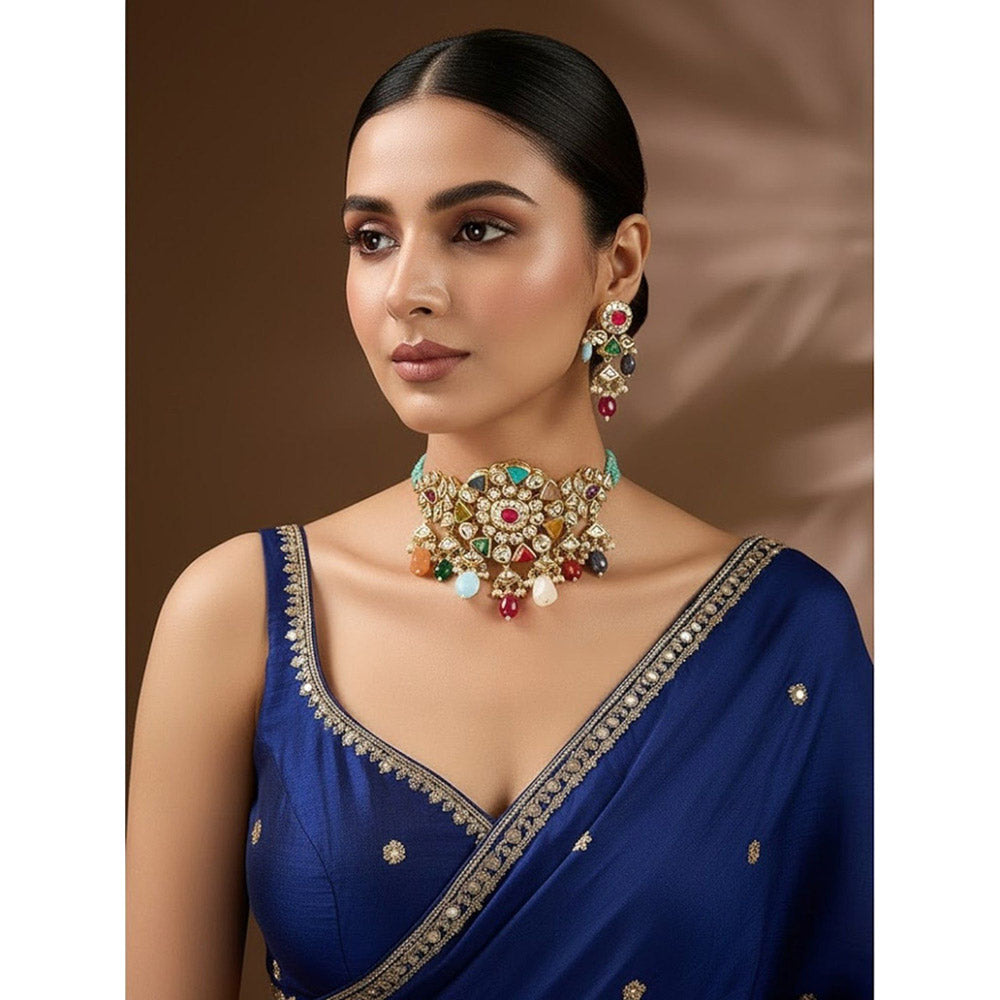 Auraa Trends Gold Finish Kundan Polka and Semi-Precious Stone Choker Jewellery Set