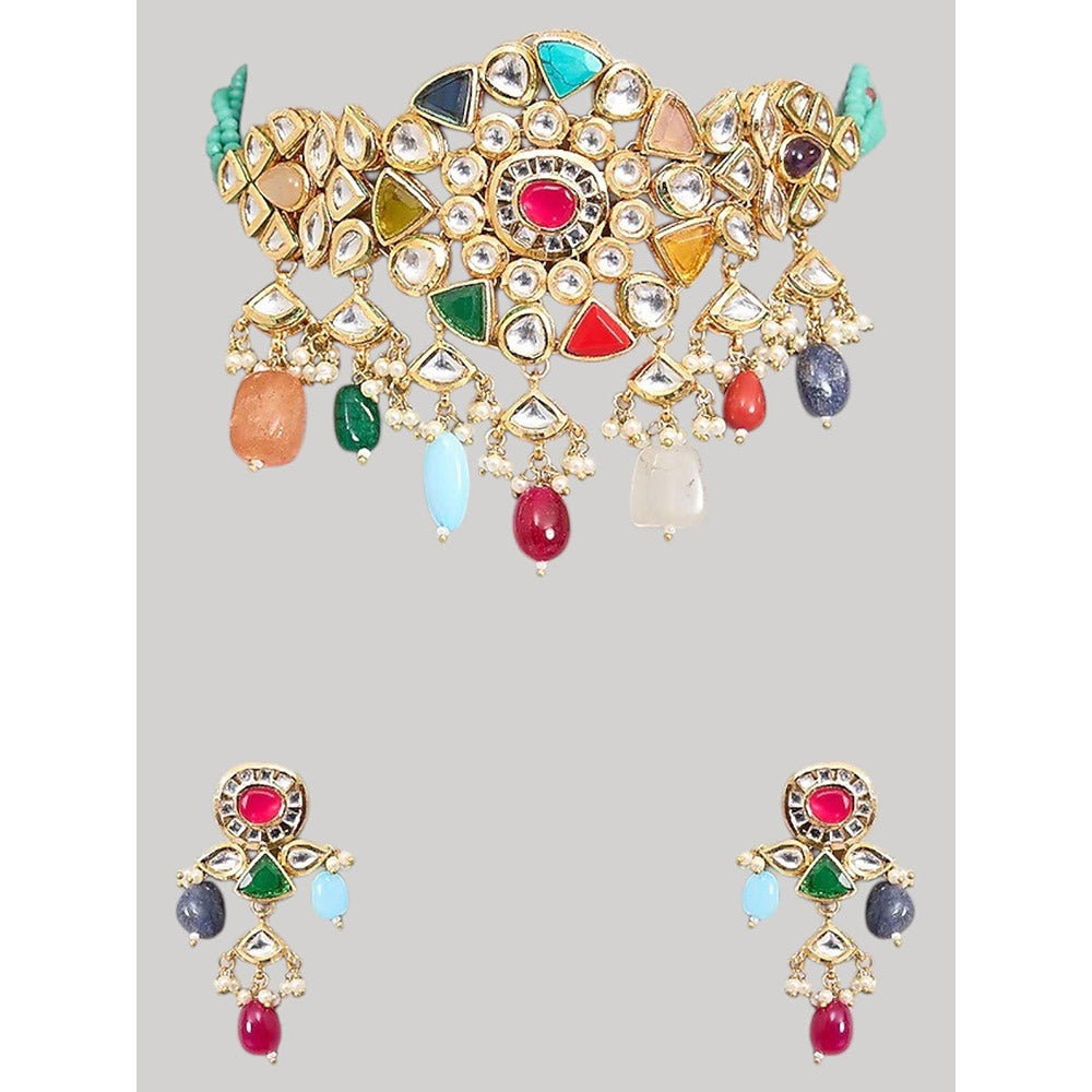 Auraa Trends Gold Finish Kundan Polka and Semi-Precious Stone Choker Jewellery Set