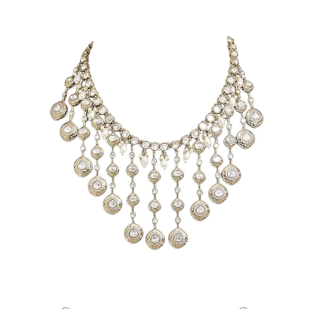 Auraa Trends Gold Finish Kundan Polka and Pearl Jewellery Set