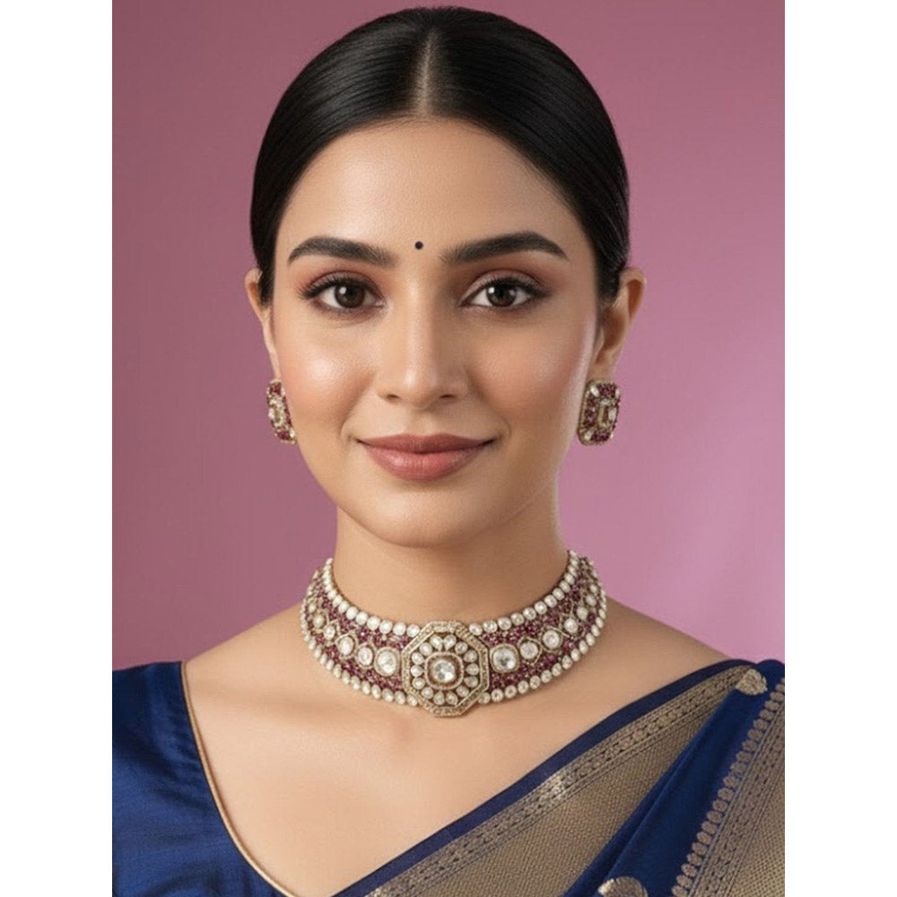Auraa Trends Luxury Ruby Red Kundan Choker Jewellery Set