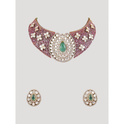 Auraa Trends Multi-Colour Kundan Choker Green Stone Jewellery Set