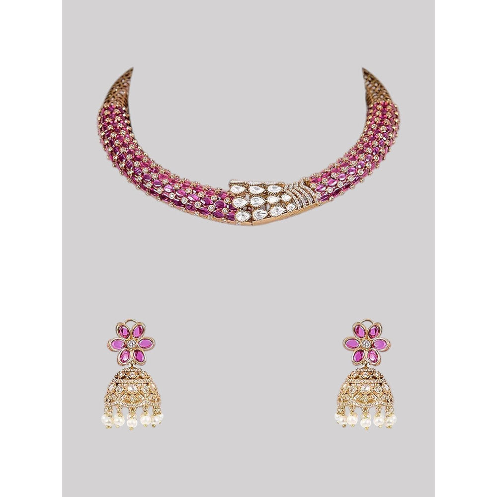 Auraa Trends Designer Ruby and Pearl Studded Kundan Choker Jewellery Set