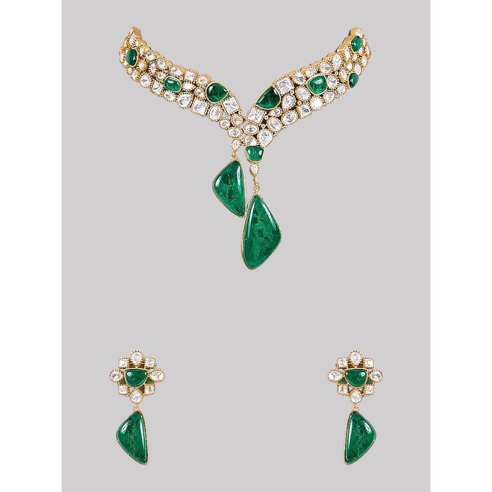 Auraa Trends Designer Green Stone and Pearl Studded Jewellery Set