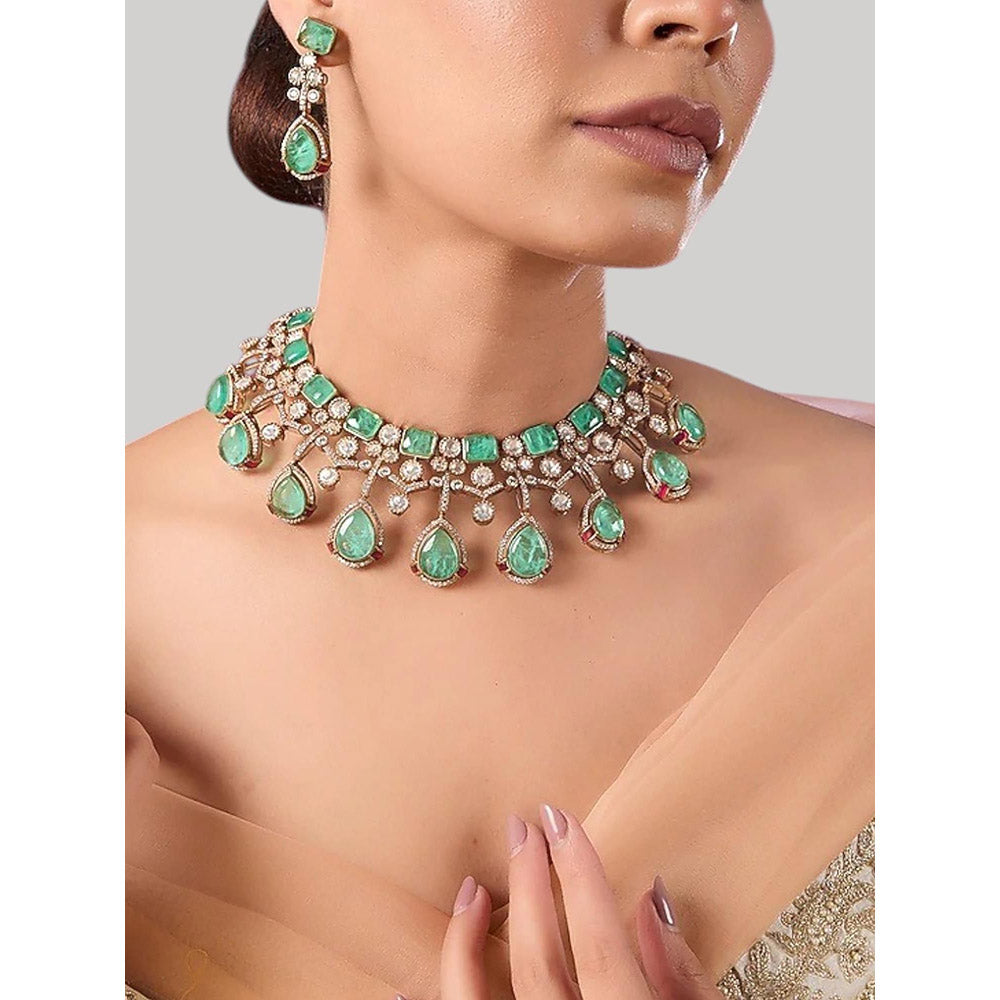 Auraa Trends Mint Green Stone and Pearl Embellished Designer Choker Jewellery Set