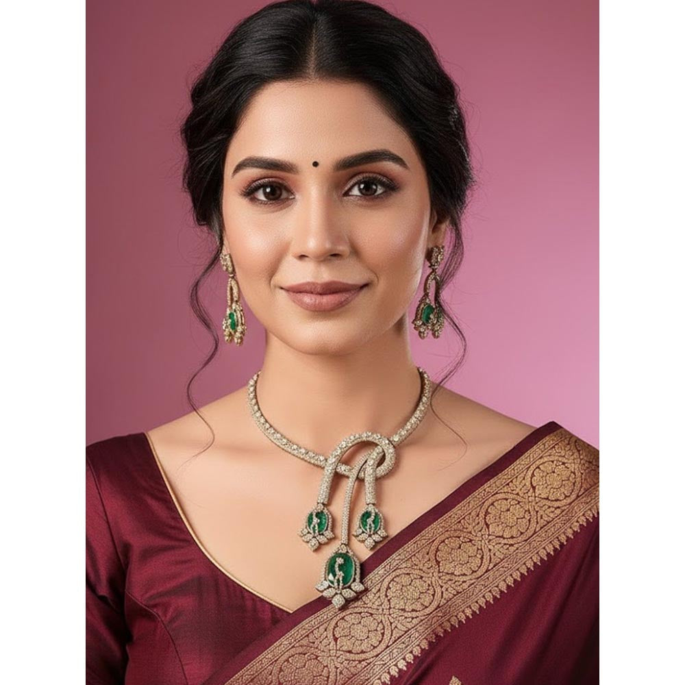 Auraa Trends Designer Emerald Green Enamel and Cz Statement Jewellery Set