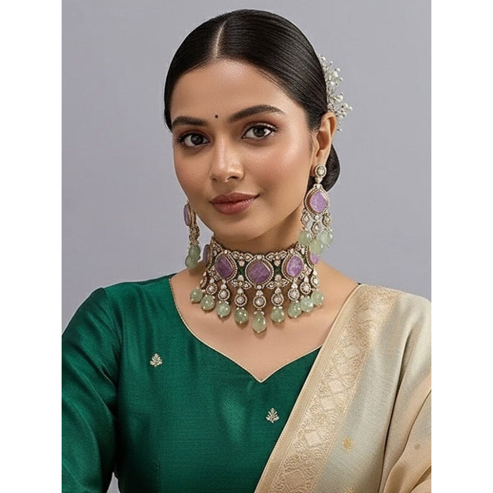 Auraa Trends Designer Purple Stone and Mint Green Beads Kundan Choker Jewellery Set