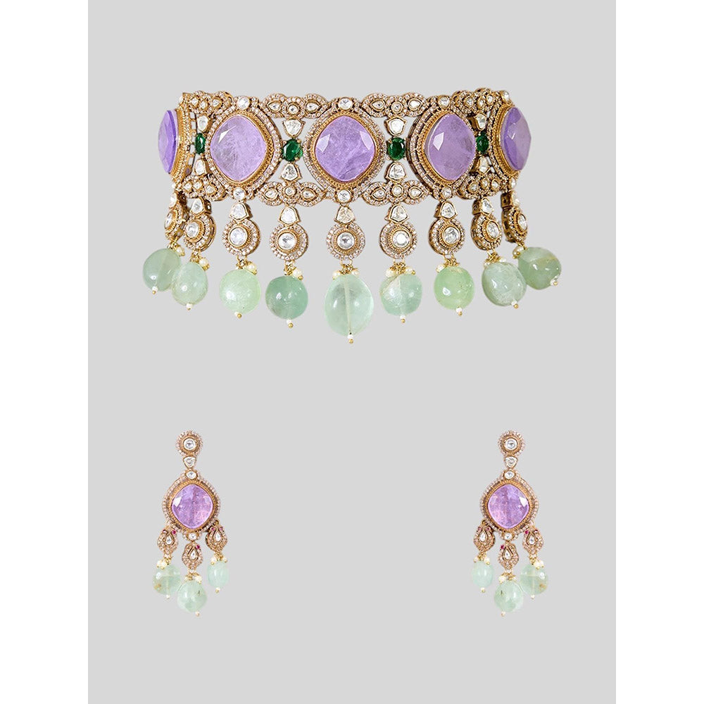 Auraa Trends Designer Purple Stone and Mint Green Beads Kundan Choker Jewellery Set