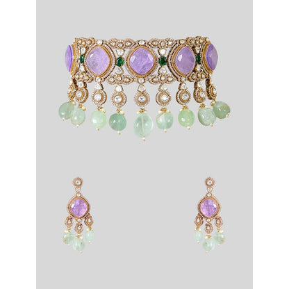 Auraa Trends Designer Purple Stone and Mint Green Beads Kundan Choker Jewellery Set