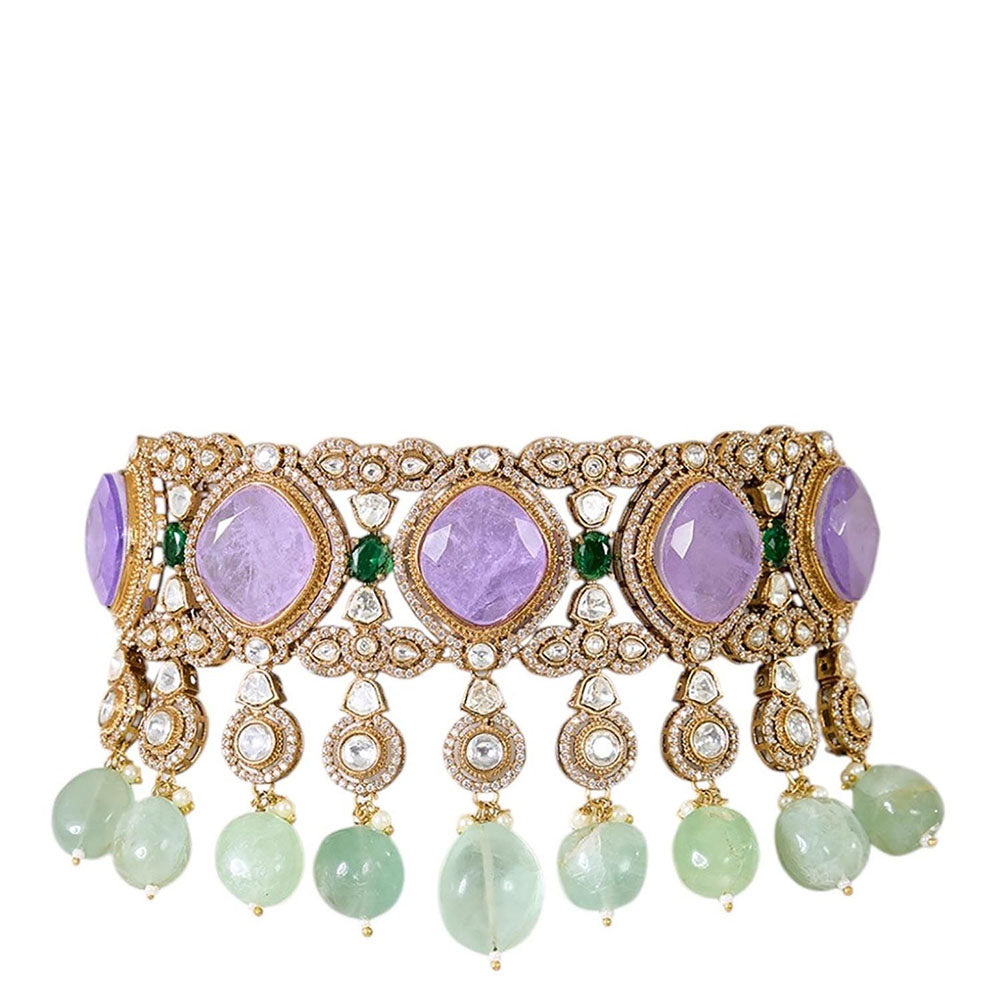 Auraa Trends Designer Purple Stone and Mint Green Beads Kundan Choker Jewellery Set