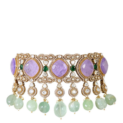 Auraa Trends Designer Purple Stone and Mint Green Beads Kundan Choker Jewellery Set