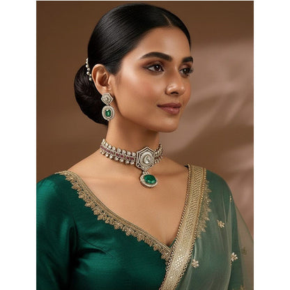 Auraa Trends Antique Gold-Plated Green Stone Kundan Choker Jewellery Set